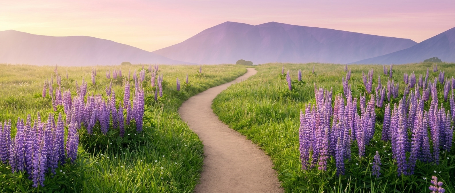 A winding path through a lupine meadow toward distant mountains at sunrise
